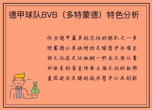 德甲球队BVB（多特蒙德）特色分析