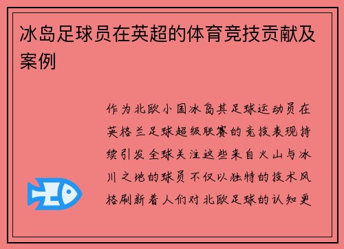 冰岛足球员在英超的体育竞技贡献及案例